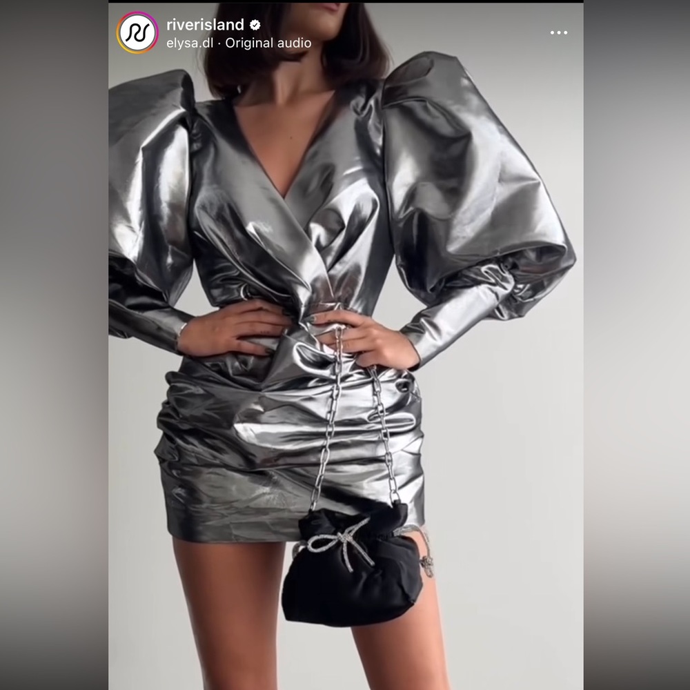NWT River Island Metallic Silver Balloon Sleeves Bodycon Mini Dress Size 8 US - Picture 9 of 14